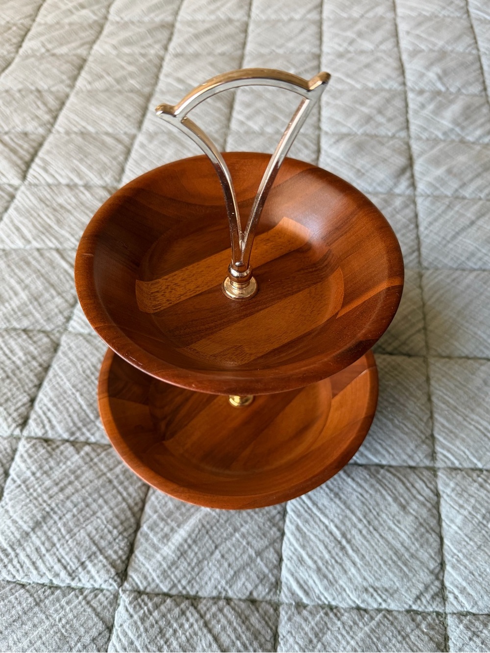 Vintage Tiered MCM Candy Nut Dish Walnut Brass